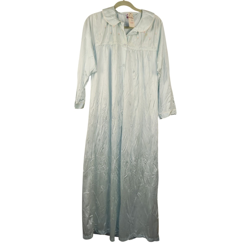 Heiress Vintage Blue Nylon Nightgown Floral Embroidered Robe XL Made in USA